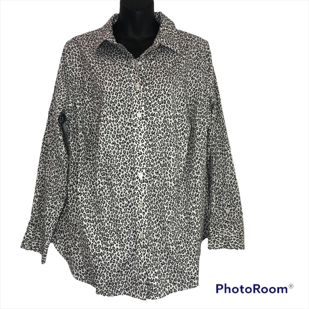 TALBOTS No Iron gray black white leopard print long sleeve button down size 14W